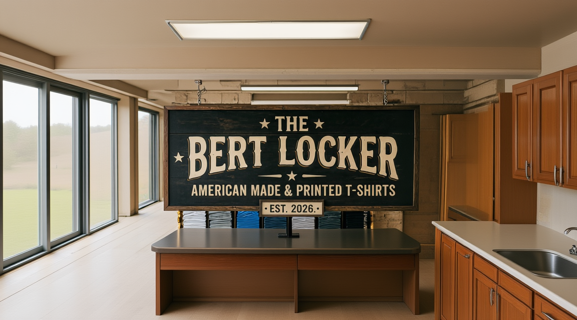 Bert Locker t-shirt store with branded t-shirts and sign.